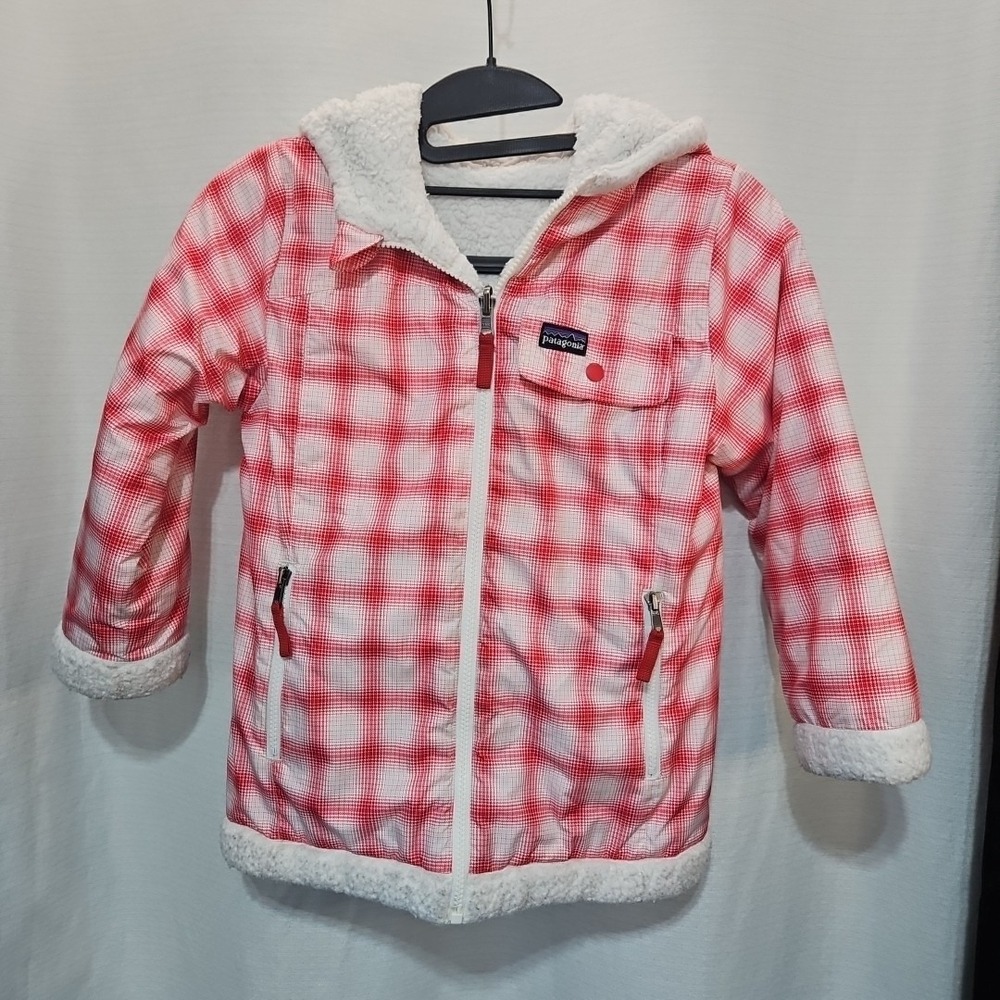 Patagonia Reversible Plaid White Sherpa Fleece Youth Girls Jacer Coat Sz Lg READ